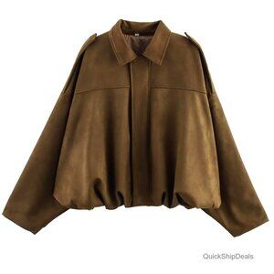 Oversized Faux Suede Bomber Jacket, Lapel Collar, Streetwear Pilot Coat